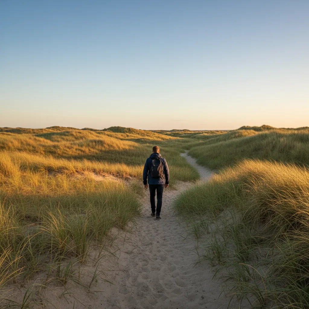 Actieve man wandelt buiten in de duinen