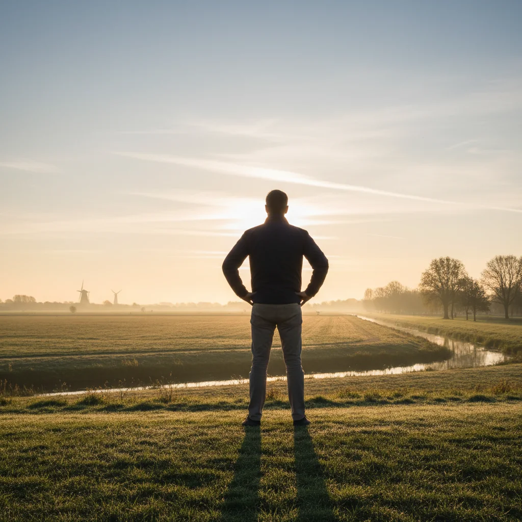 Anonieme man buiten bij zonsopgang, geen gezicht zichtbaar - actieve leefstijl